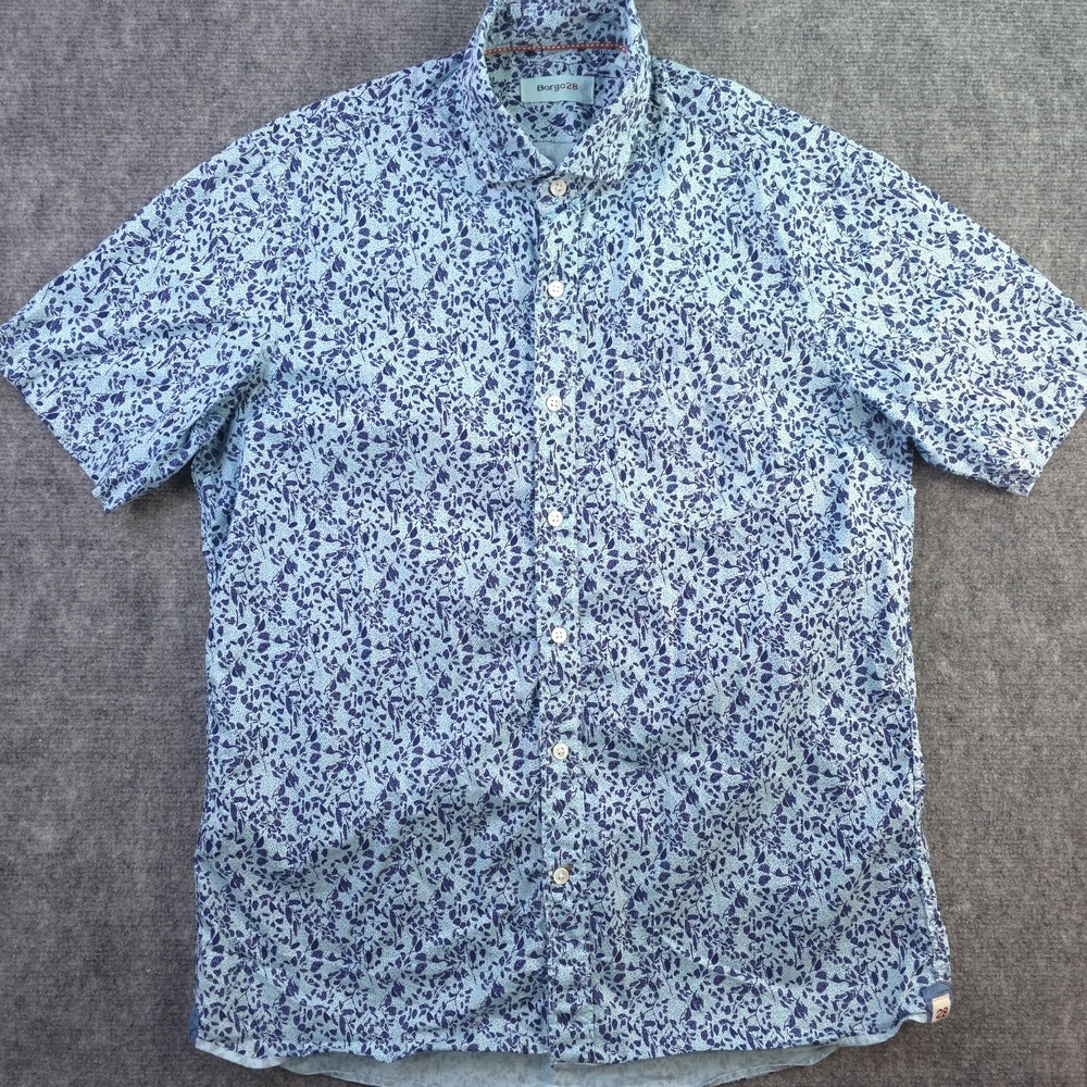 Borgo 28 Shirt Medium Blue Floral Short Sleeve Button Up Cotton